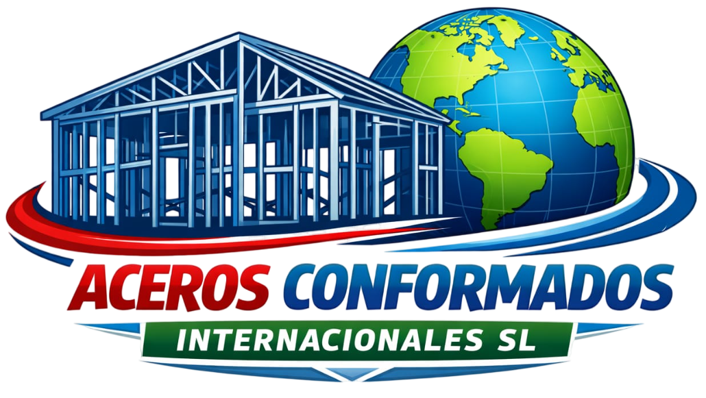 Logotipo ilustrado de Aceros Conformados Internacionales SL. Presenta un marco de edificio de acero industrial azul detallado a la izquierda, yuxtapuesto con un globo terráqueo verde y azul a la derecha, todo sobre un pedestal curvo en forma de cinta roja y azul. El nombre de la empresa está en letras grandes debajo, con "ACEROS CONFORMADOS" en rojo y "INTERNACIONALES SL" en letras verdes más pequeñas. El fondo es blanco puro.